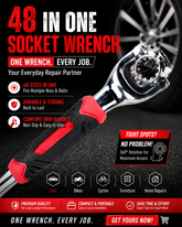 Universal socket wrench with chrome head and red, non-slip grip handle