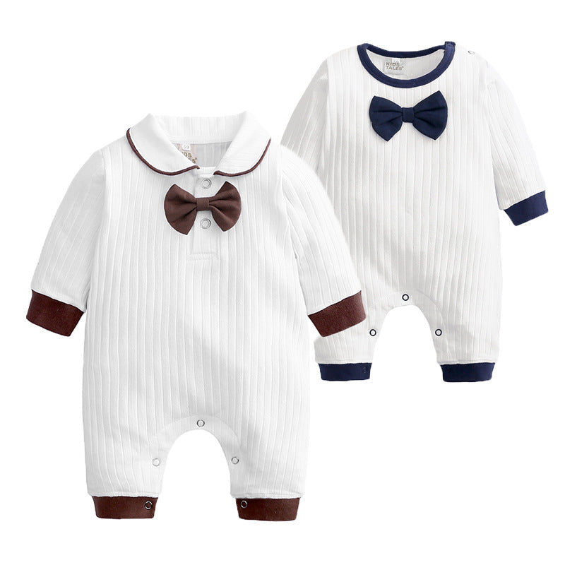 Baby bow tie cotton jumpsuit white brown