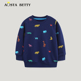 Kids Cartoon Animal Print Cotton Sweater Navy Blue