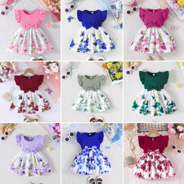 Kids sleeveless ruffled bow butterfly print dress multicolor