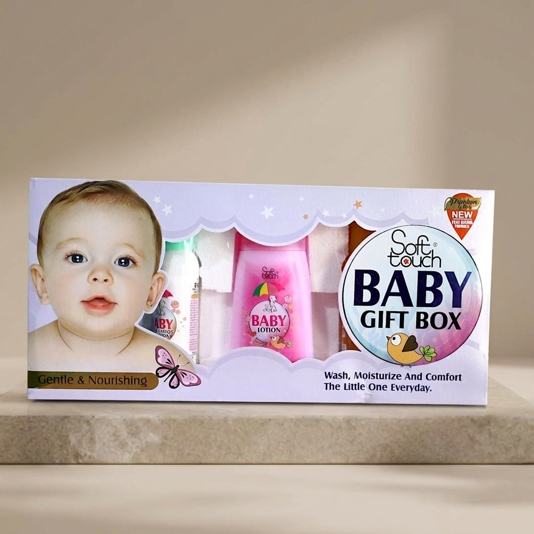 Baby skincare gift box with baby portrait and Soft touch Baby Gift Box branding