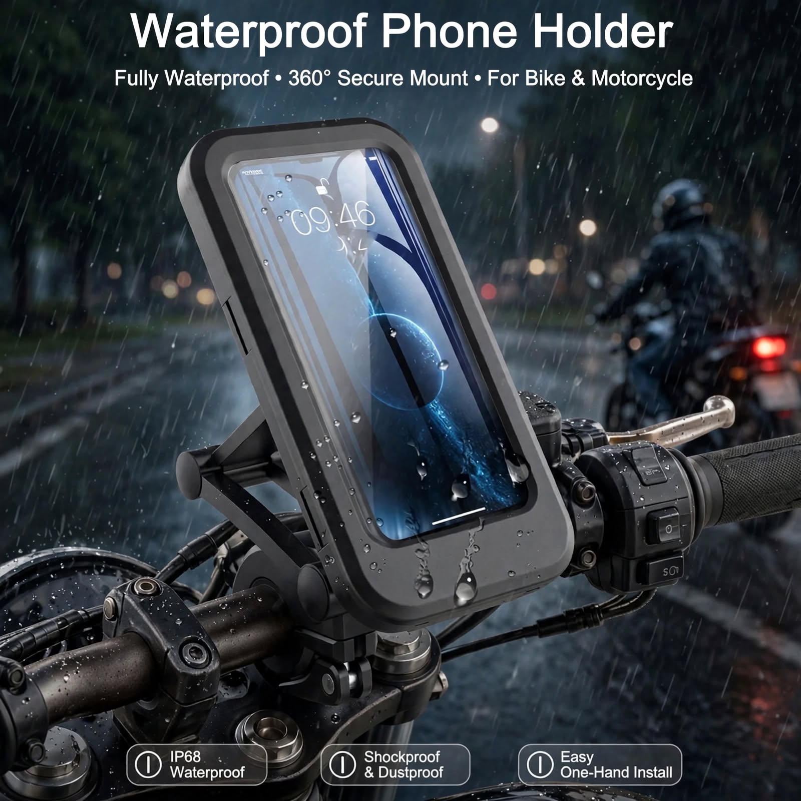 Waterproof bike phone mount with clear touchscreen cover, clamped on handlebar