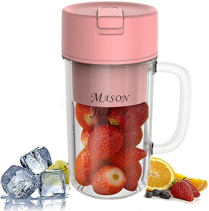 Portable juicer blender cup with pink lid, clear chamber, and side handle
