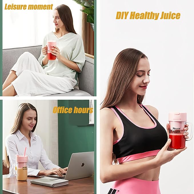 Portable juicer blender cup held in hand, red-pink body with lid and straw