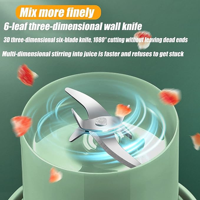 Portable mini juicer blender blades close-up inside translucent cup