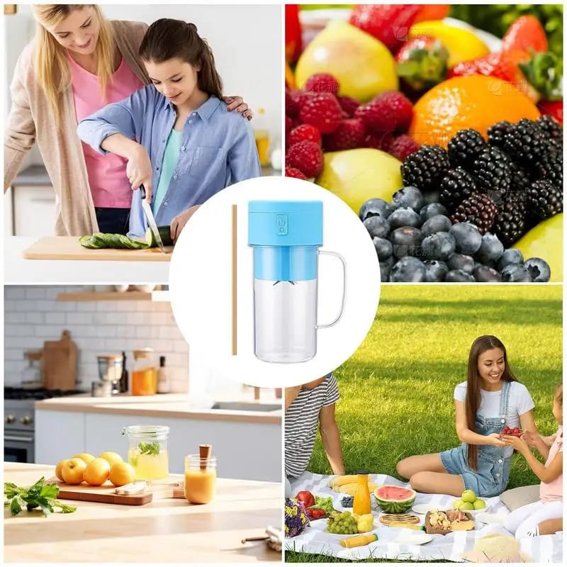 Portable juicer blender cup with blue top, clear container, and handle