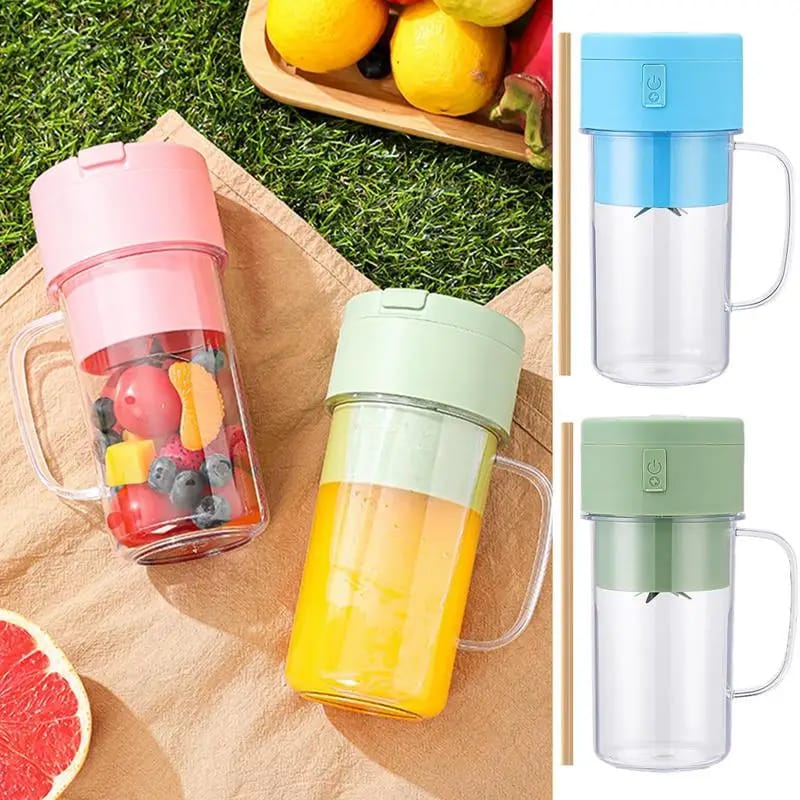 Portable juicer blender set with three pastel cups and clear containers