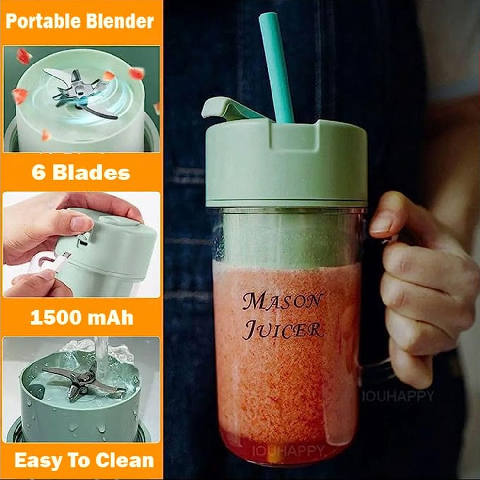 Portable juicer blender cup with mint lid, clear jar, and straw top