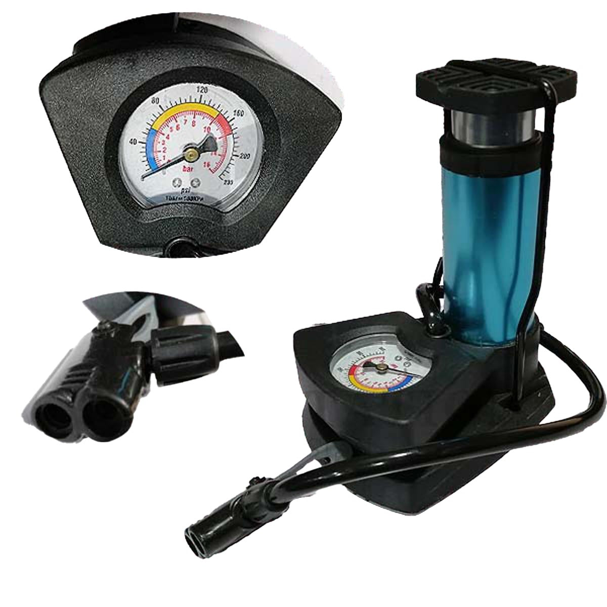 "Foot and hand operated air pump inflator with built-in pressure gauge for car and bike tires"