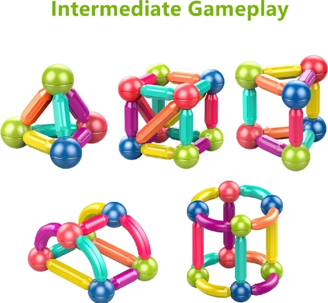 Colorful magnetic building sticks with ball connectors, assembled into cube shapes
