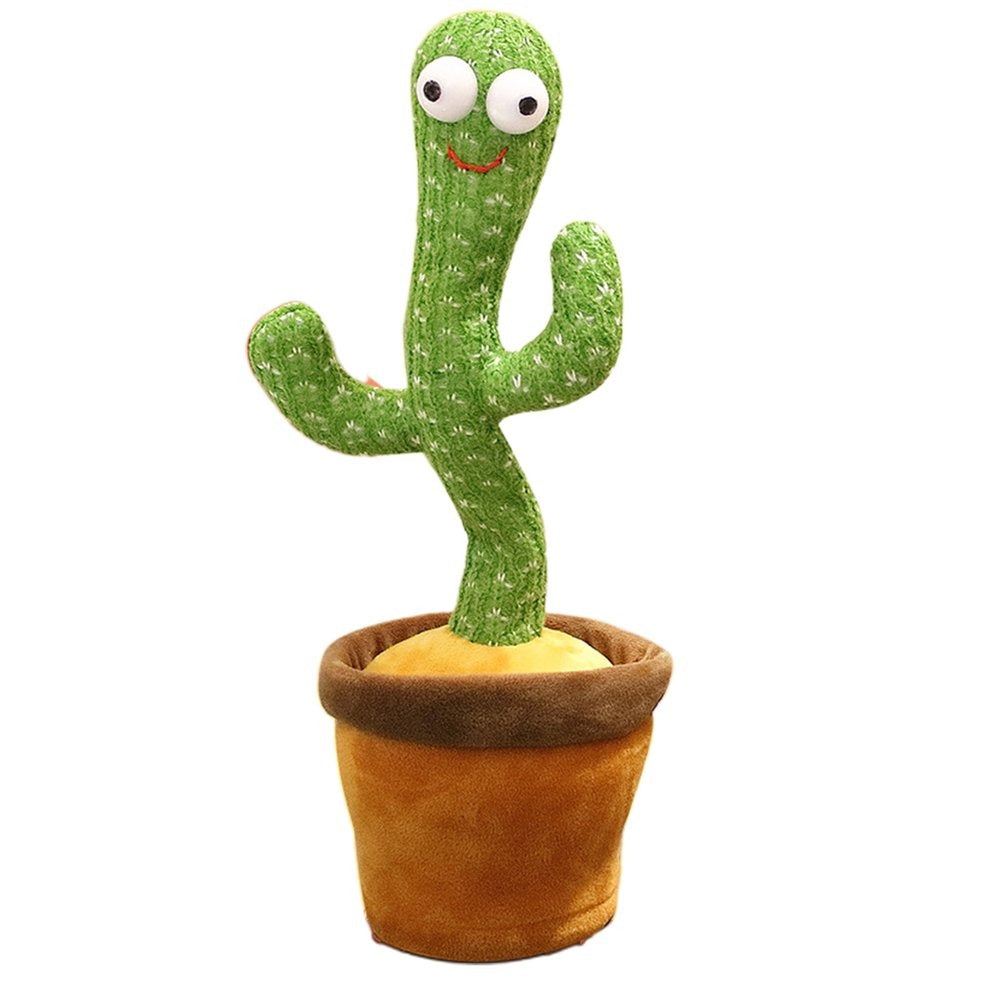 Smiling green plush cactus toy with large eyes and brown fabric pot base