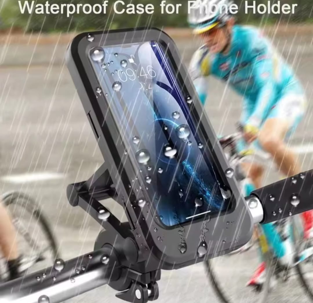 Black waterproof phone mount holder with clear case screen cover and water droplets