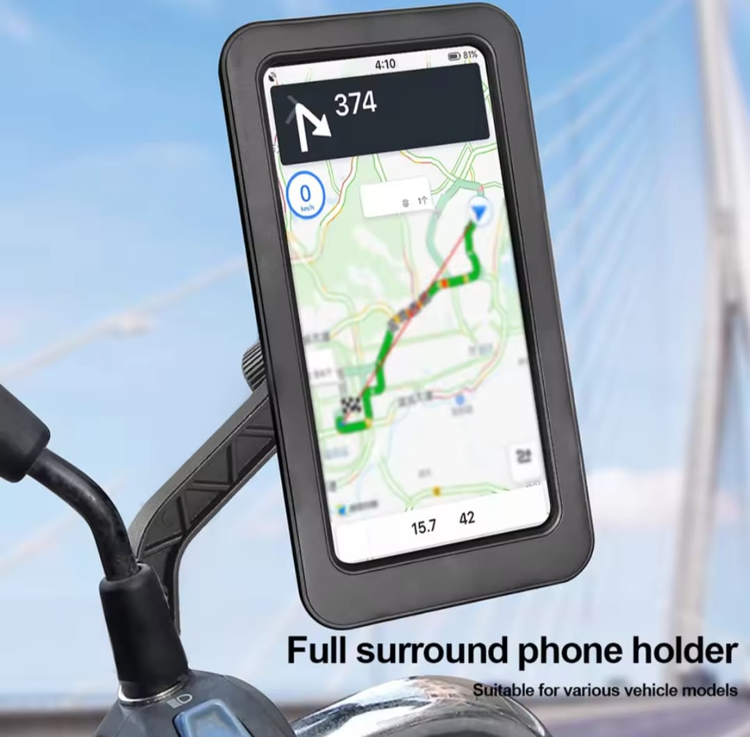 Black full-surround bike phone holder with touch-screen window mounted on handlebars