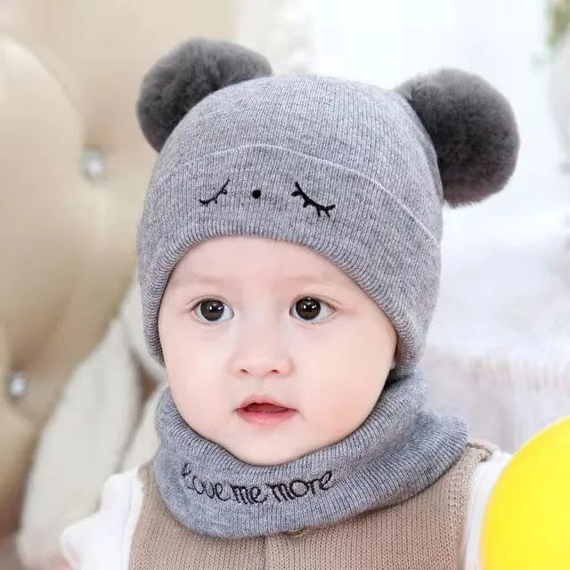 Grey Wool Bear Beanie & Neck Warmer Set