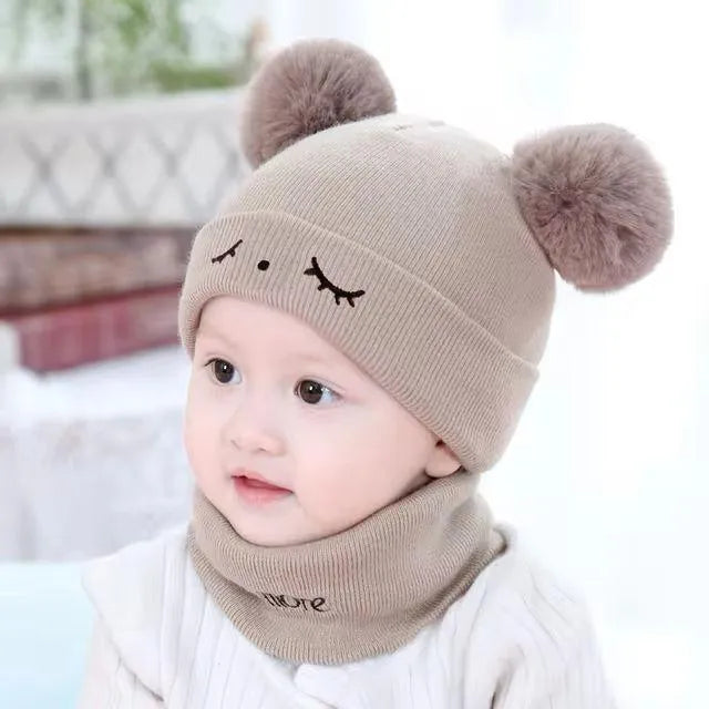 Brown Wool Bear Ears Beanie & Neck Warmer Set