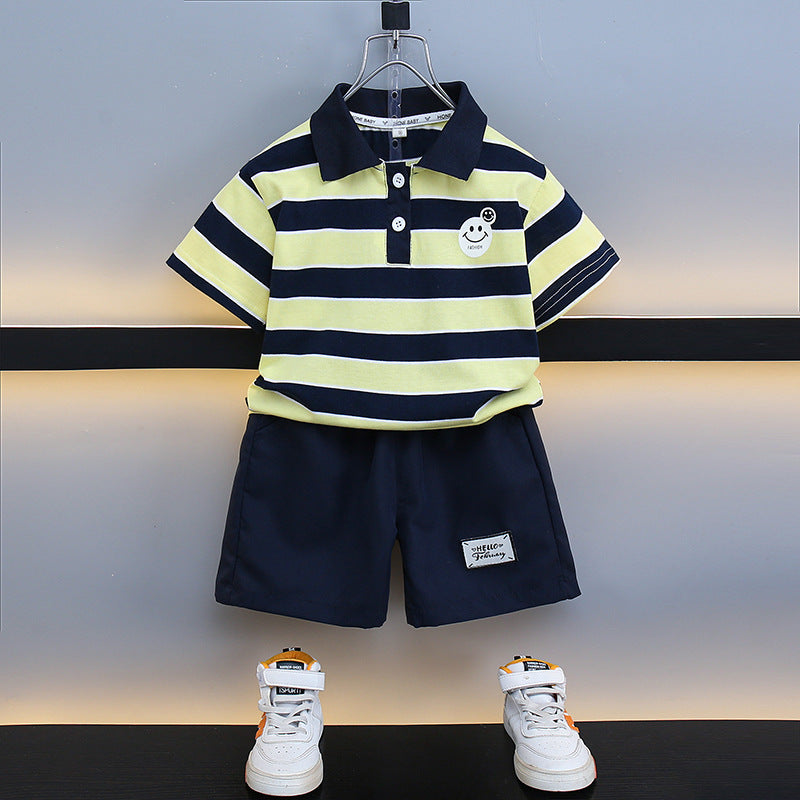 Kids Striped Polo Shorts Set Navy Yellow
