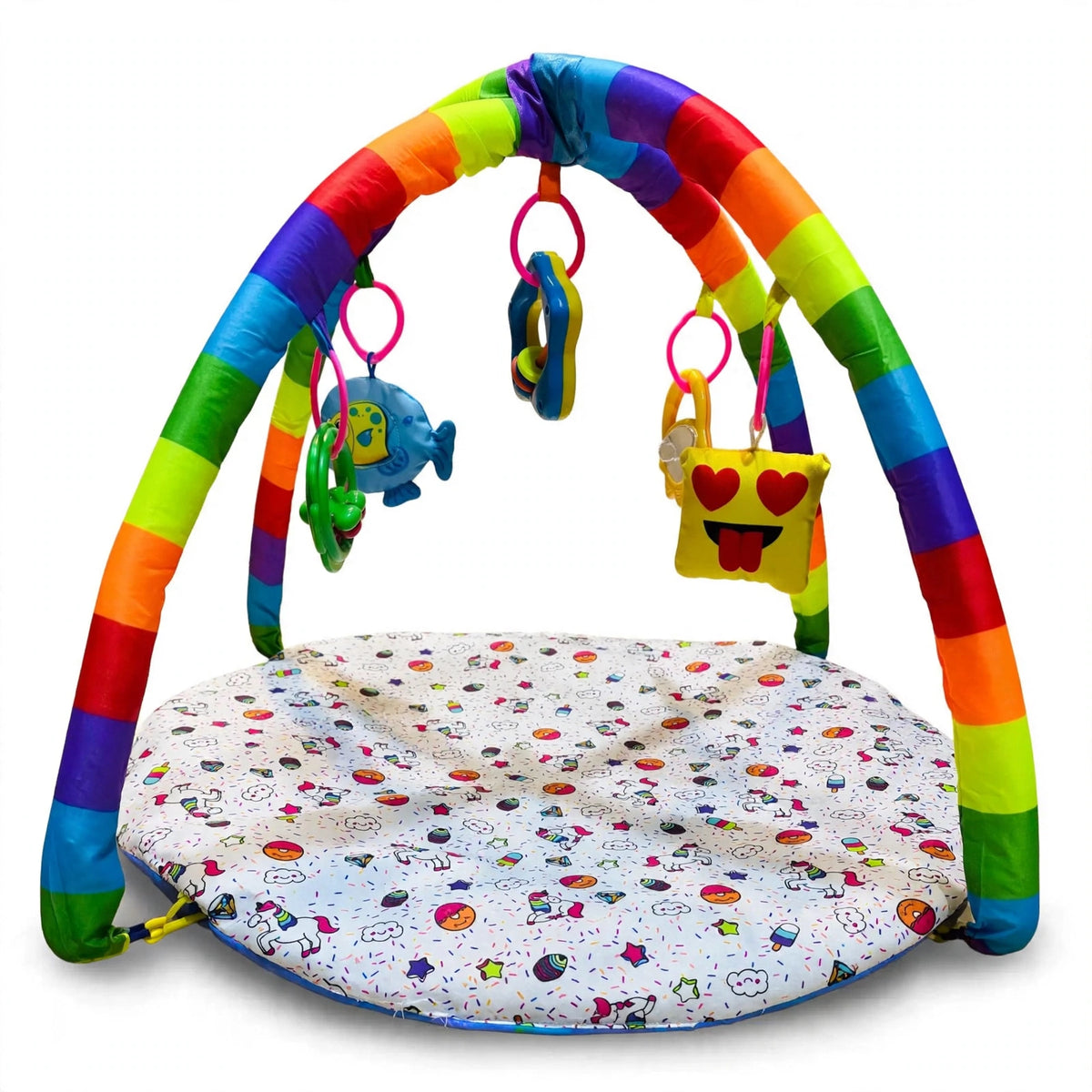 Foldable baby play mat with multicolor hanging toys and patterned play surface