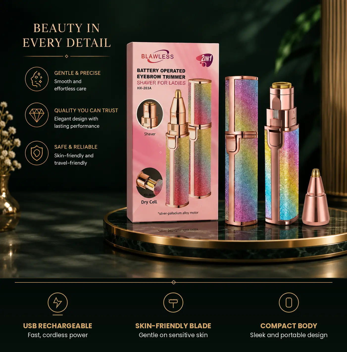 A set of three Blawless battery-operated eyebrow trimmers with an iridescent holographic finish and rose gold metal accents, shown alongside their pink retail box on a dark marble surface with promotional text.