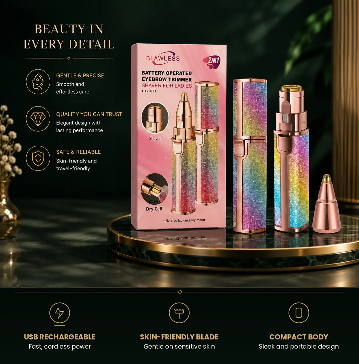 A set of three Blawless battery-operated eyebrow trimmers with an iridescent holographic finish and rose gold metal accents, shown alongside their pink retail box on a dark marble surface with promotional text.