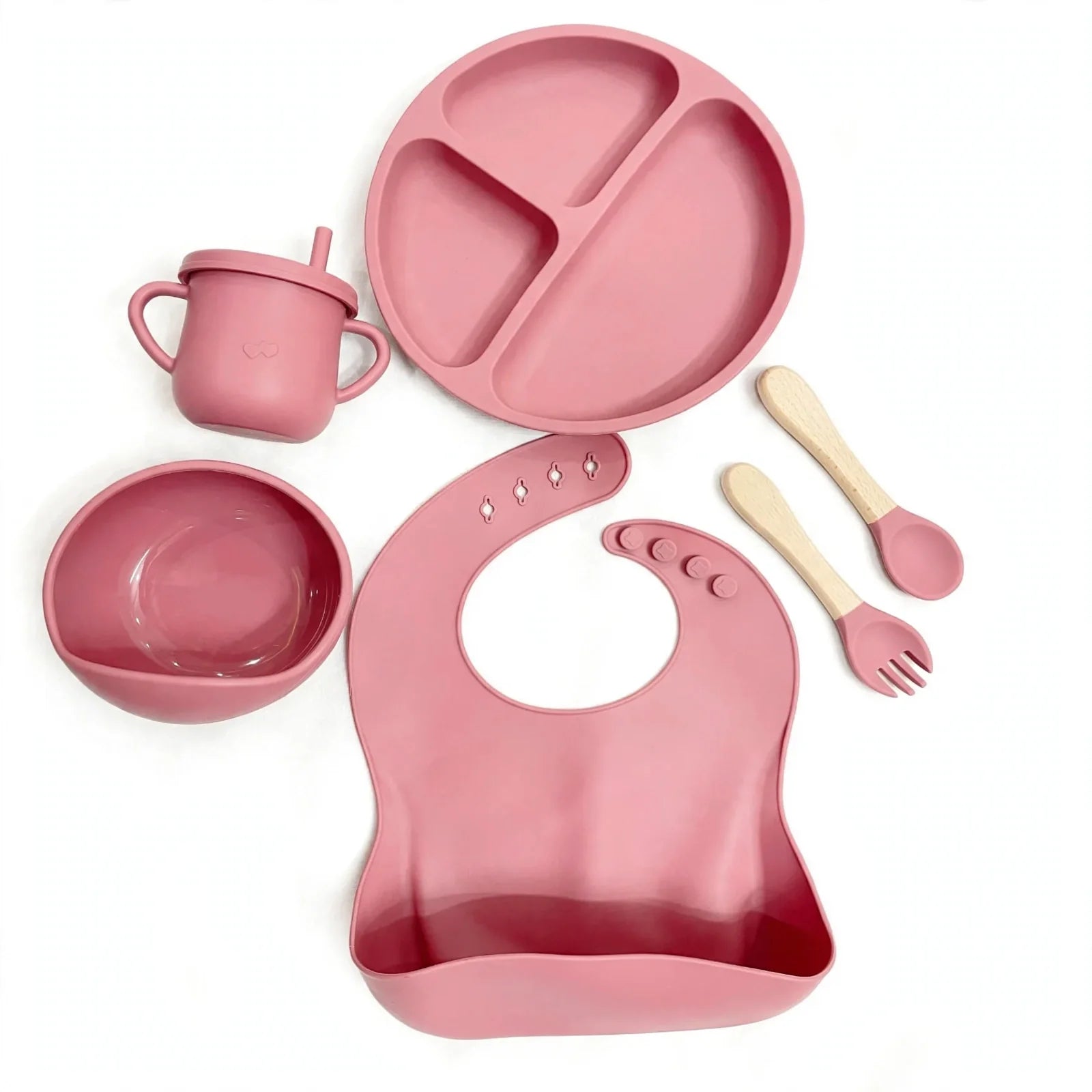 Pink silicone baby feeding set with plate, bowl, cup, spoon, fork, bib