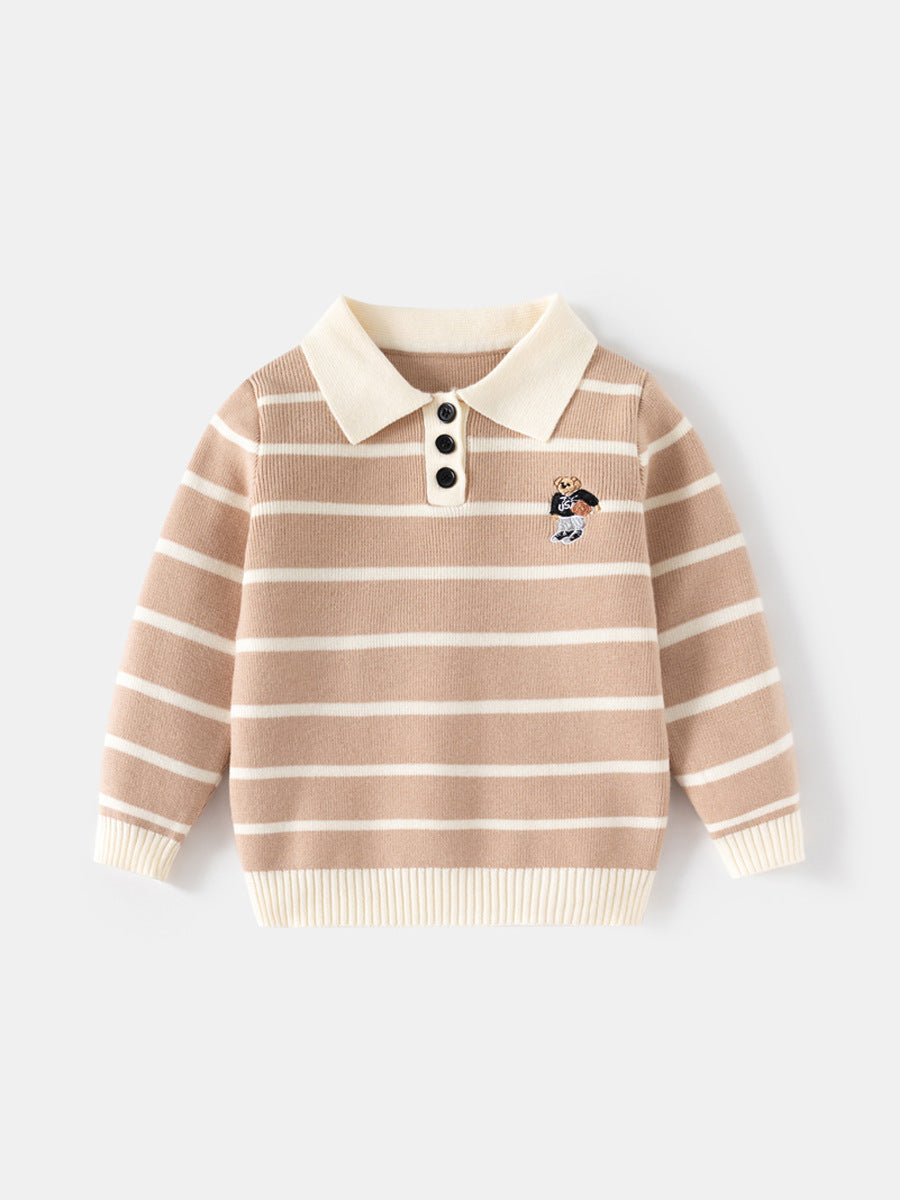 Kids Bear Embroidered Striped Sweater Off-White Size 100