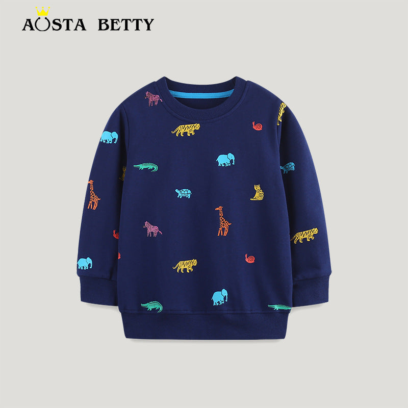 Kids Cartoon Animal Print Cotton Sweater Navy Blue