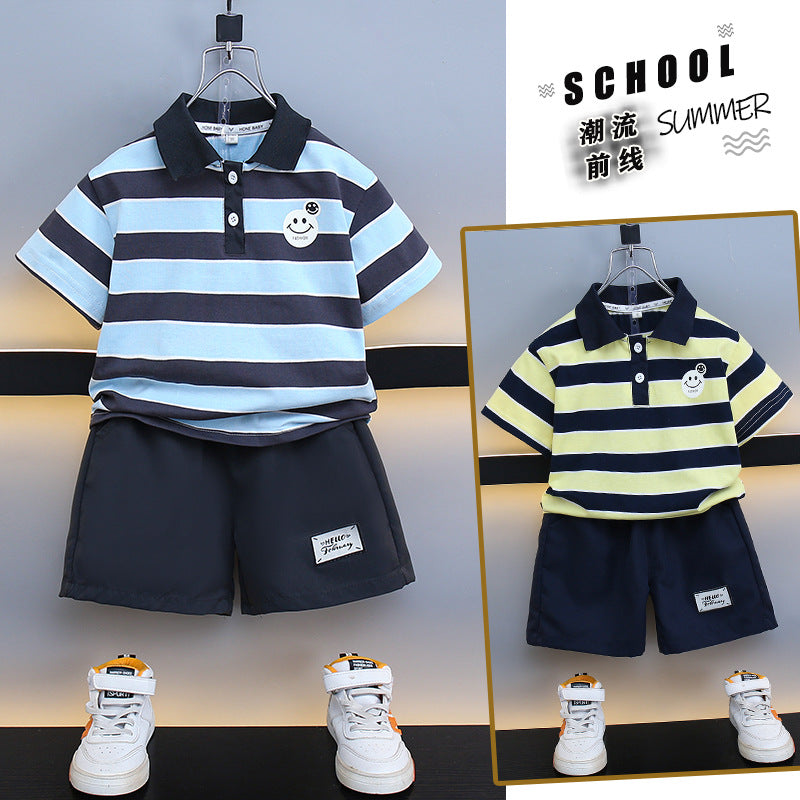 Kids Striped Polo Shorts Set Navy Yellow