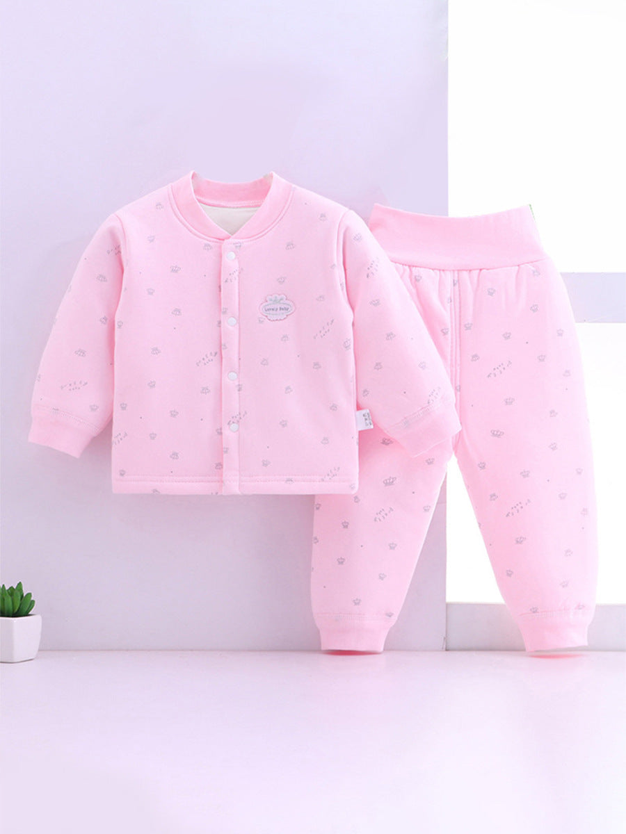 Cotton Baby Suit with Crown Print & Button Closure