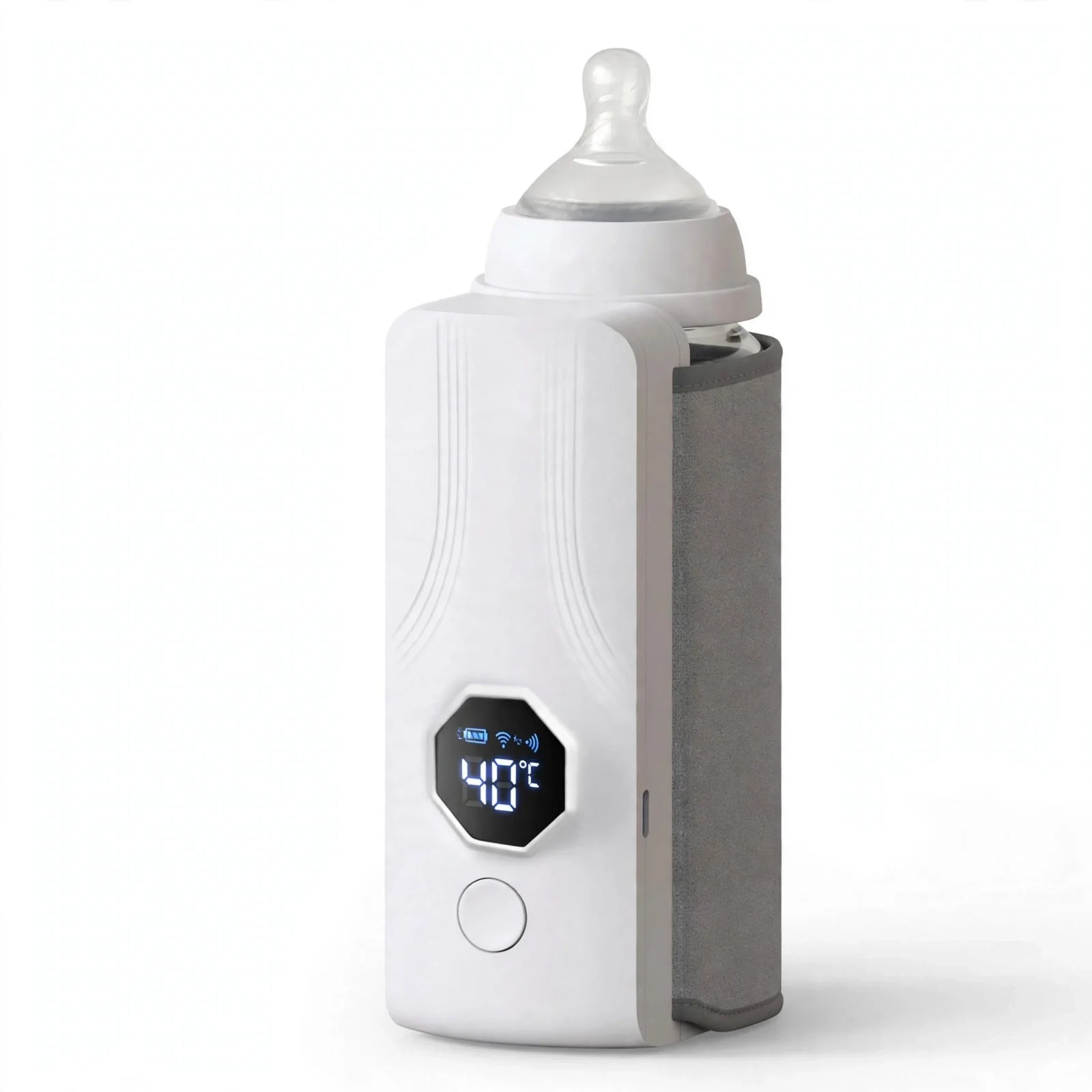 Portable USB baby bottle warmer, white body with digital temperature display