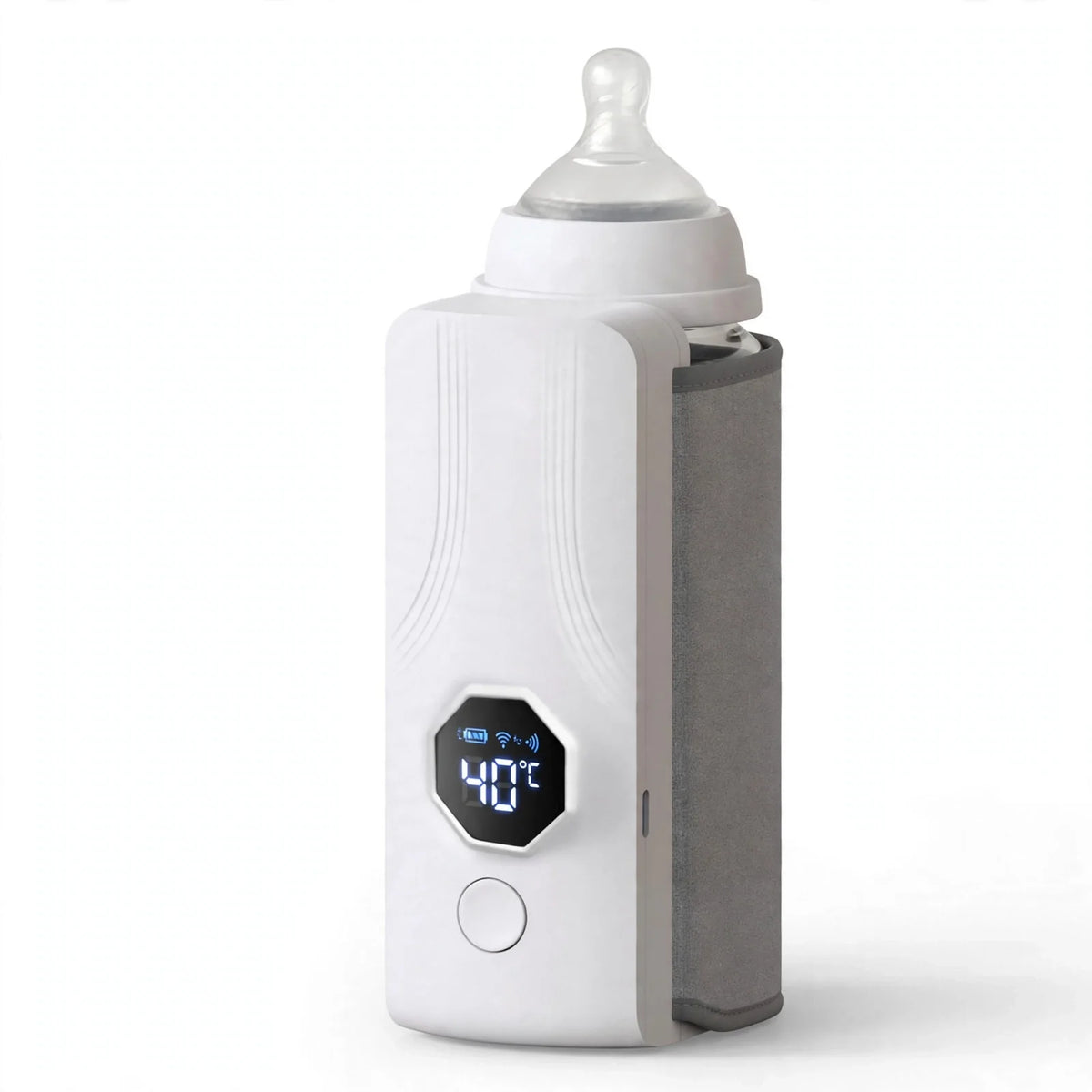 Portable USB baby bottle warmer, white body with digital temperature display
