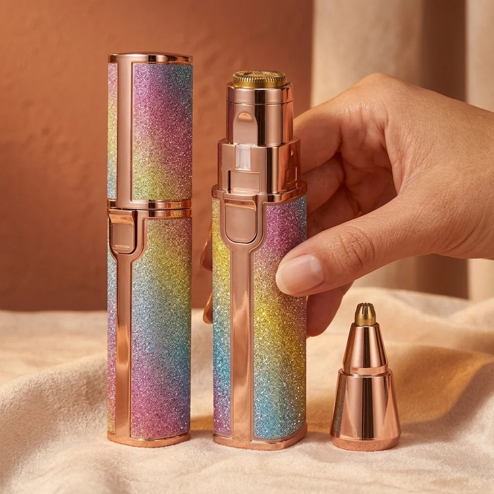Three mini electric shavers with a glittery rainbow gradient body and rose gold metal accents are displayed on a beige fabric surface. A hand is holding one of the shavers, and a small nose trimmer attachment is placed beside it.