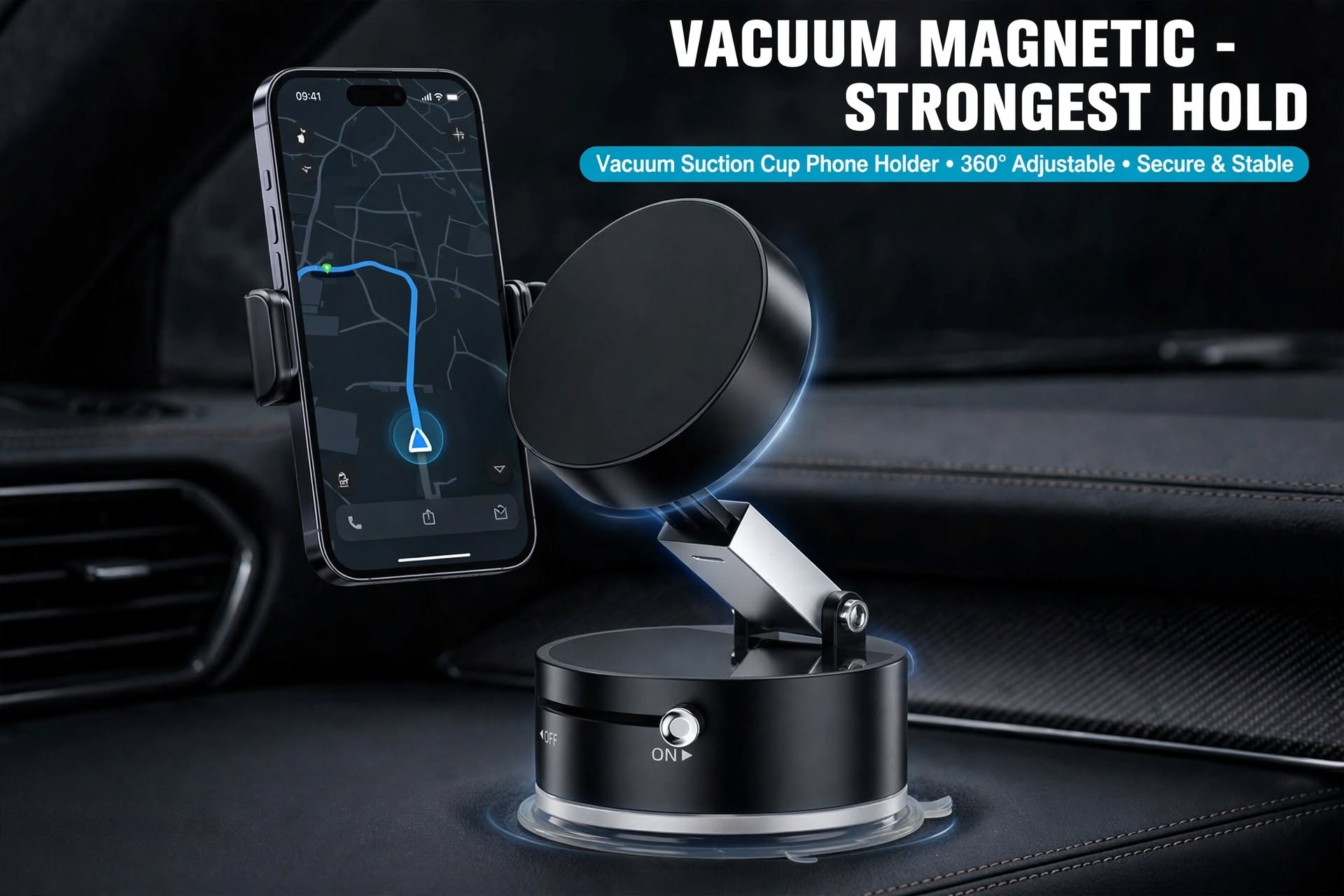 Universal magnetic car phone holder with vacuum suction base and 360° rotating mount